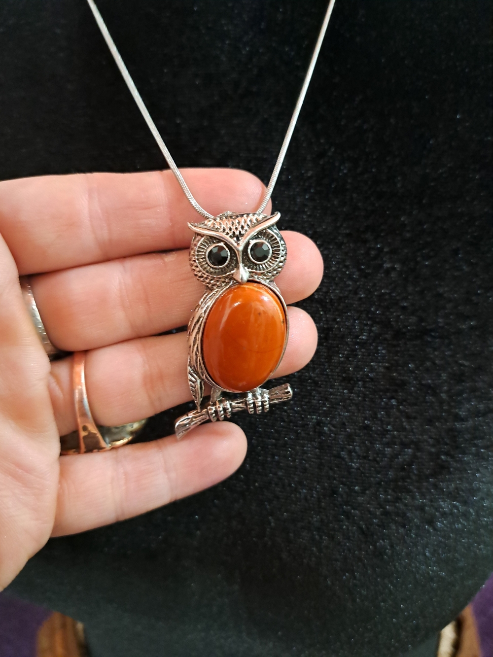 Carnelian Owl Necklace | Orange Gemstone Silver Tone Pendant